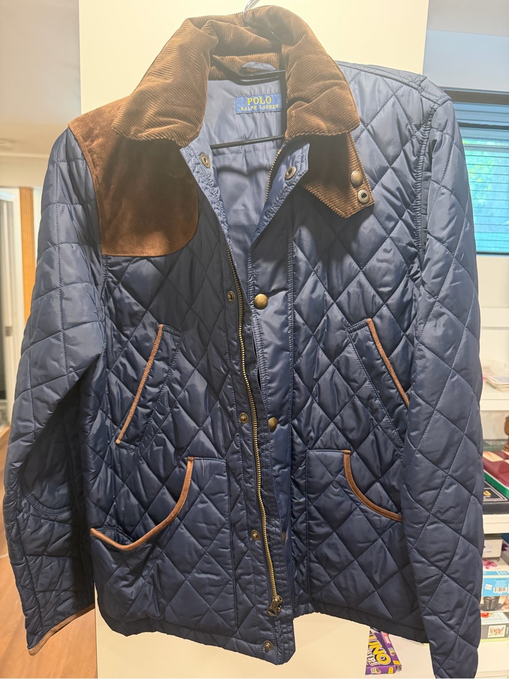 Polo by Ralph Lauren Navy Quilted Puffer Jacket with Brown Corduroy Trim